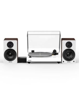 RT85N – Hi-fi vinyl turntable (white), PA10 preamp, Ai41 5" speakers (bamboo), MP-110 cartridge, 90W amp, Bluetooth – audio setup.