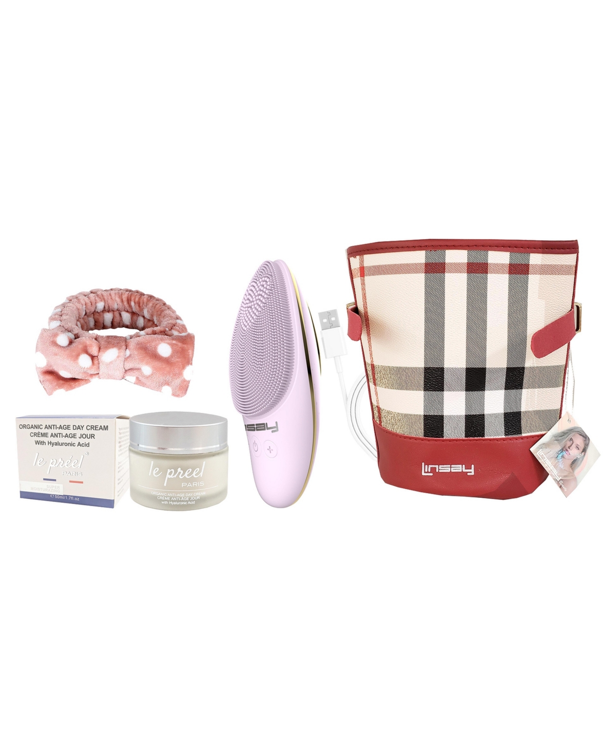Linsay Facial Cleansing Brush with Led Photon Therapy Bundle with le preel Paris Day Time Cream, Usb Cable, Headband and Bag - Pink