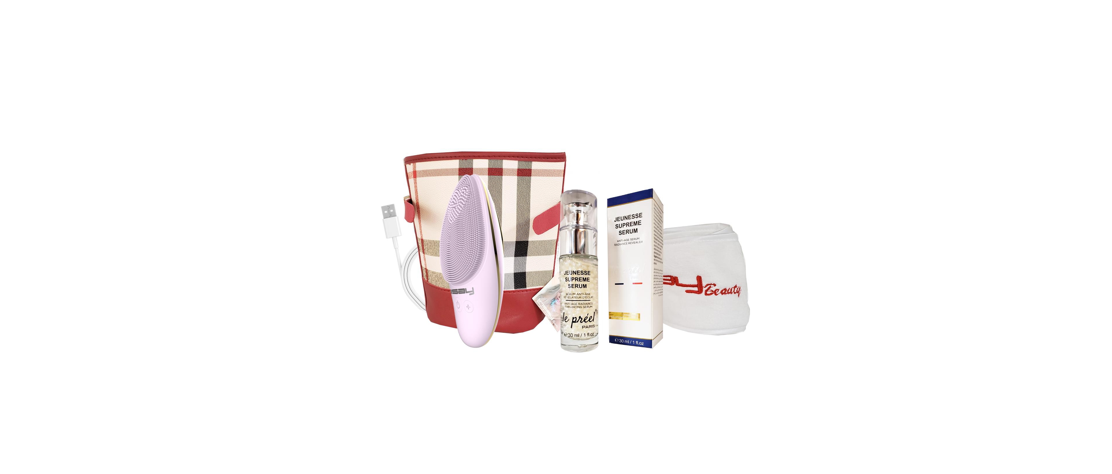 Linsay Facial Cleansing Brush with Led Photon Therapy Super Bundle with Anti Age Serum Cream, Usb Cable, Headband and Bag