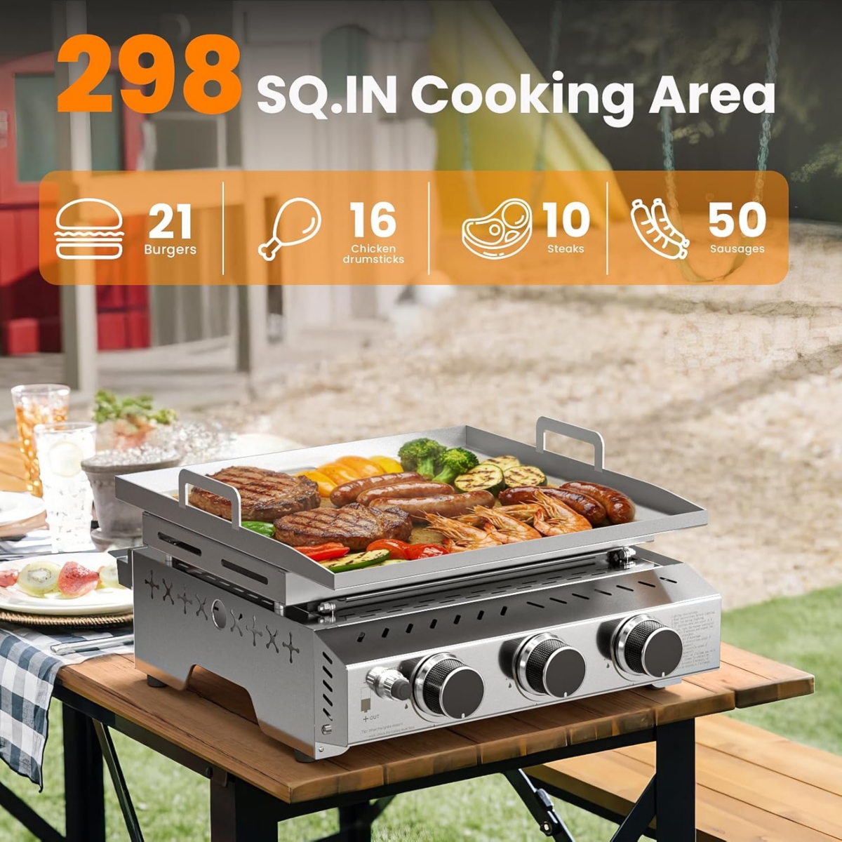 Cowsar Portable 26 Inch Tabletop Griddle with Grill Grate, Stainless Steel Propane Gas Grill with 3 Burners,24000 Btu, for Outdoor Camping/Rv/Picnic/B