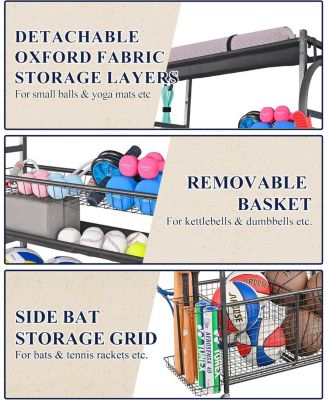 Weight Capacity Sports Storage Garage Organizer for Balls Yoga Mats Multifunction Equipment Rack