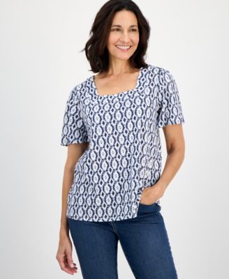 Style & Co - Women's Printed Square-Neck Flutter-Sleeve Top