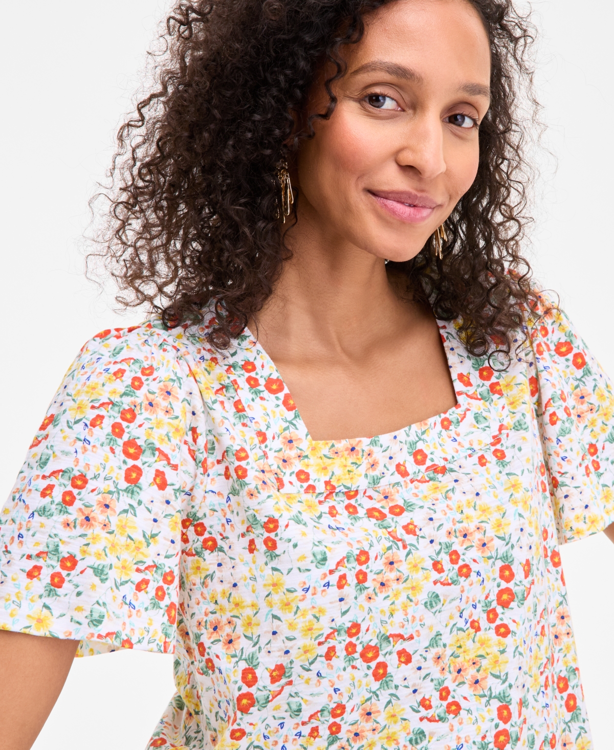 Style & Co Style& Co Women's Printed Square-neck Flutter-sleeve Top, Exclusively At Macy's In White