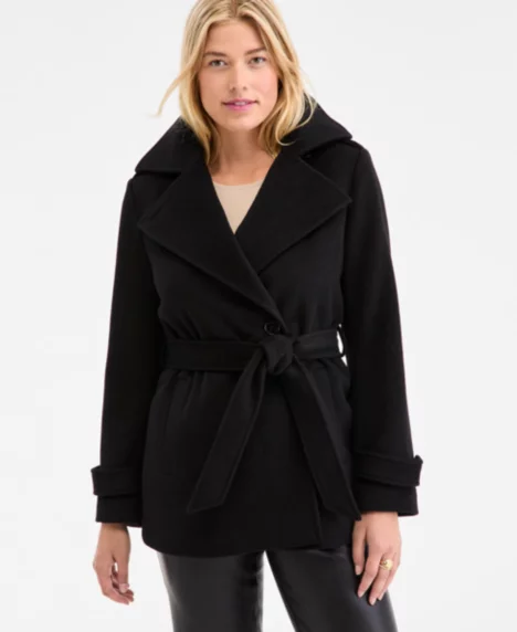 Women's Double-Breasted Belted Wrap Coat - Black