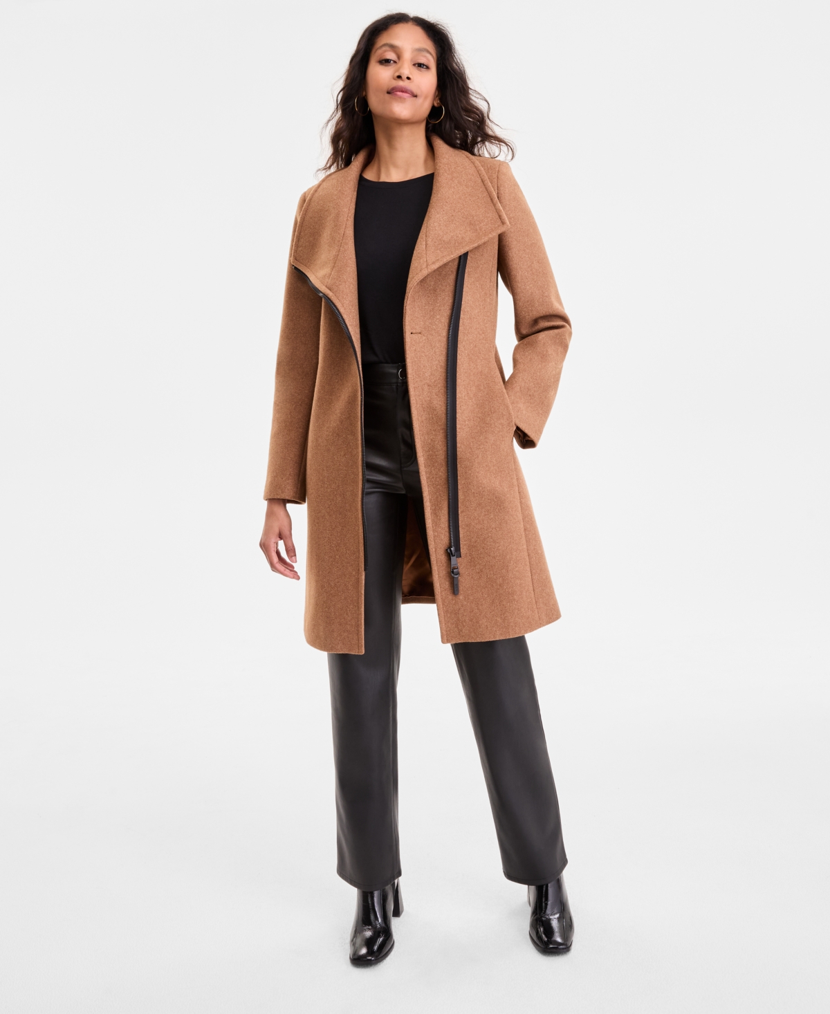 Dkny Women's Asymmetric Front-zip Belted Coat, Exclusively At Macy's In Brown