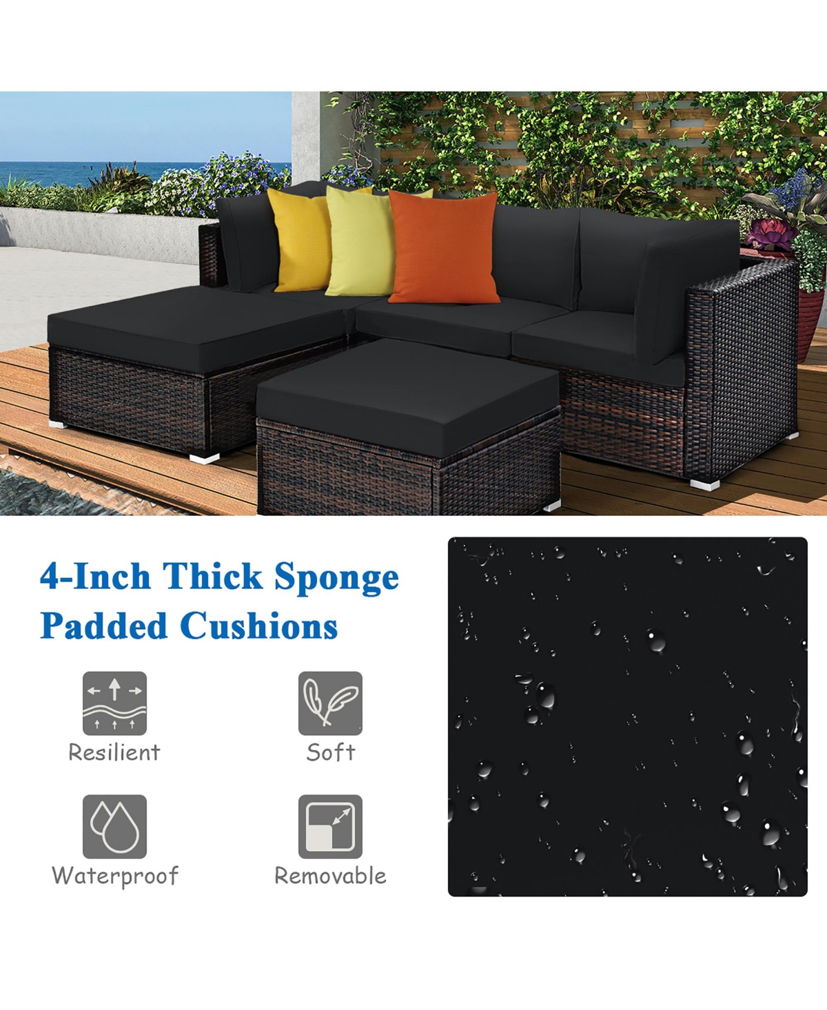 5PCS Patio Rattan Furniture Set Sectional Conversation Set Ottoman Table