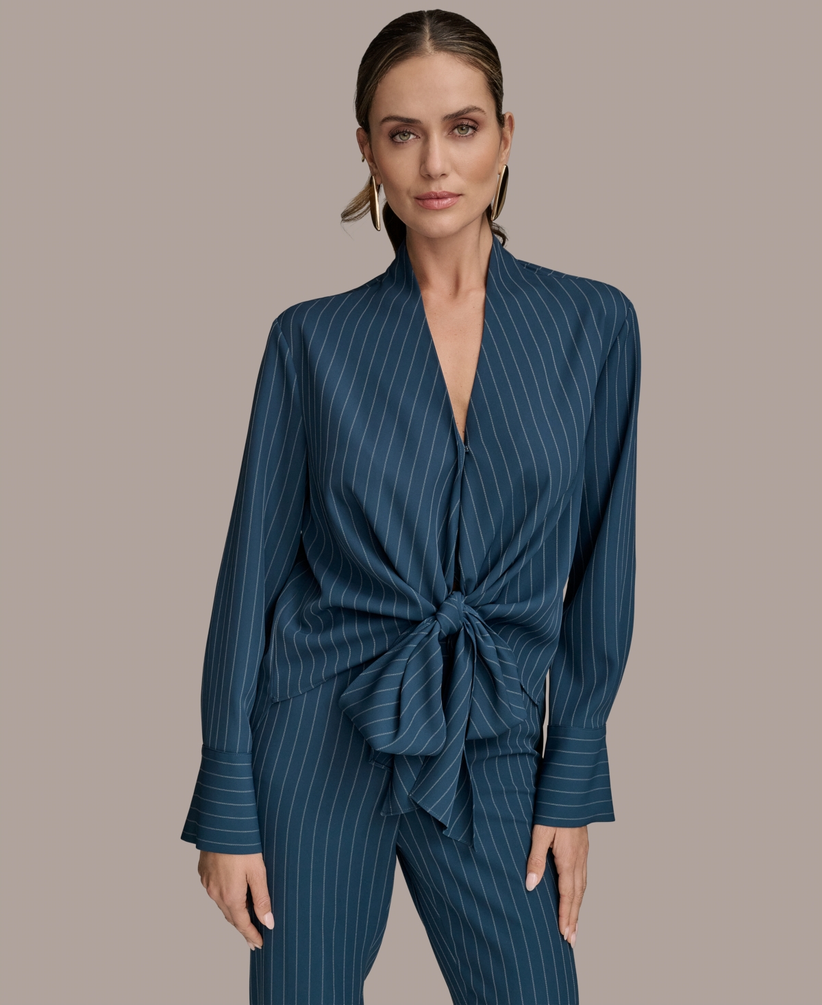 Shop Donna Karan Women's Tie-front Pinstripe Blouse