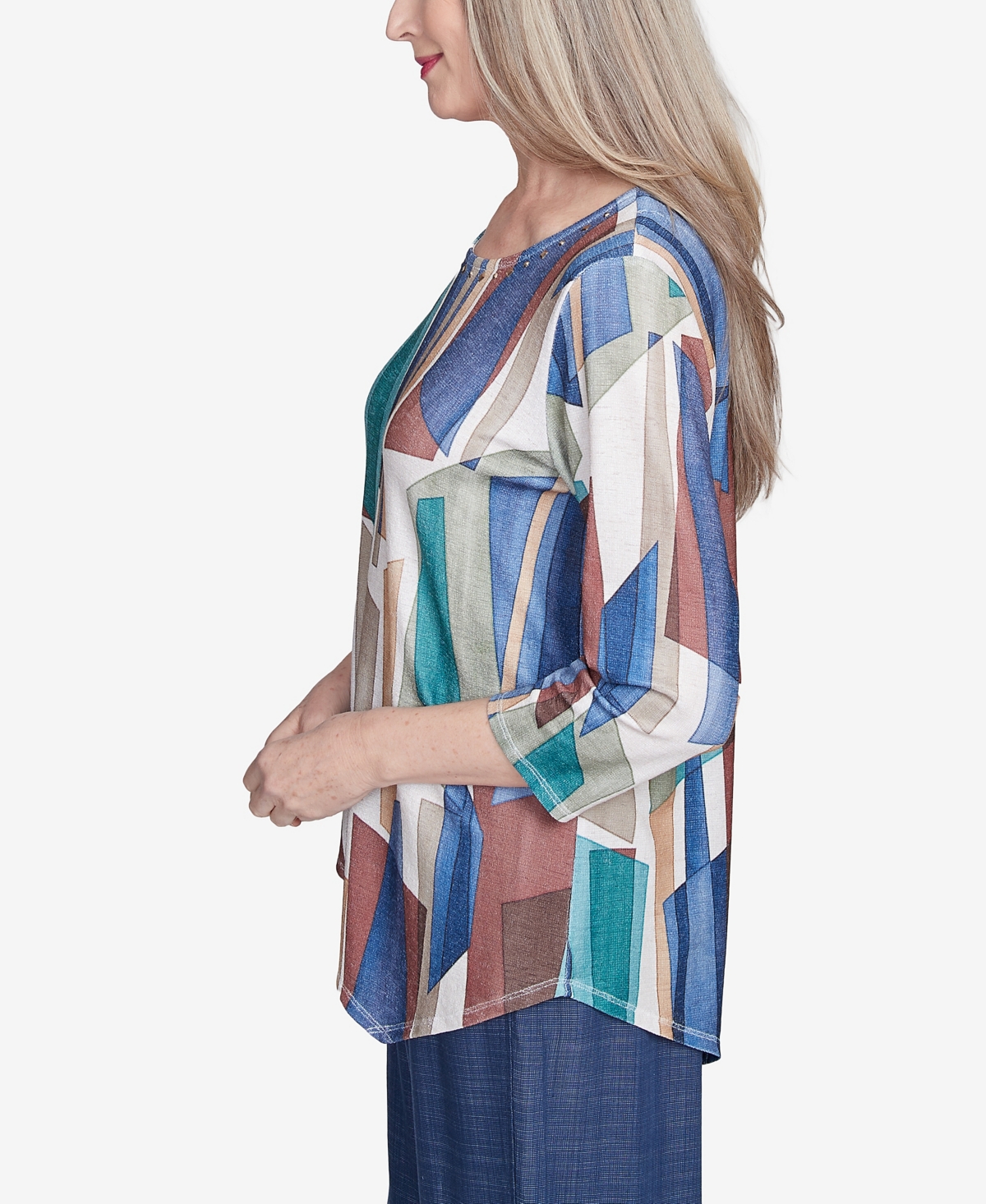 Alfred Dunner Plus Size Summer Solstice Abstract Stained Glass Crew Neck Top In Navy Multi