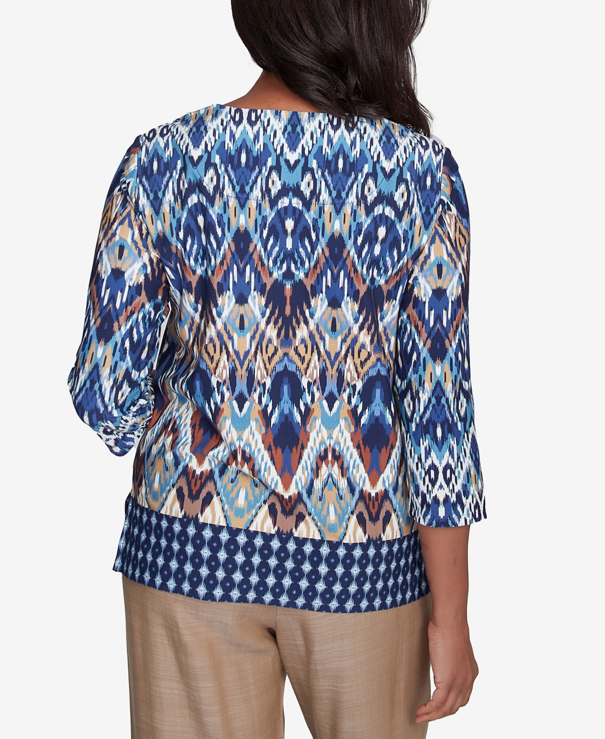 Alfred Dunner Plus Size Summer Solstice Ikat Diamond Border Square Neck Top In Navy Multi