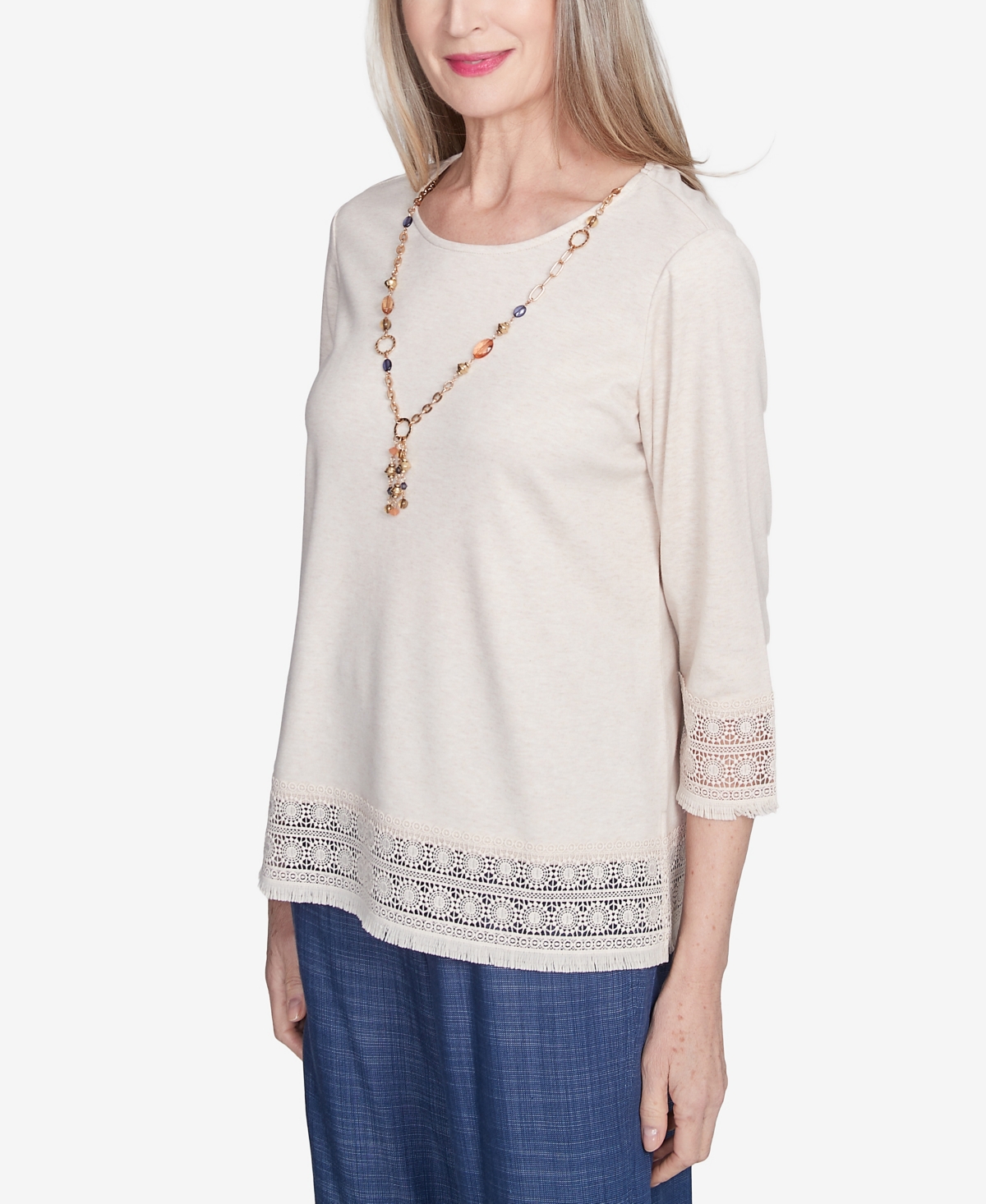 Alfred Dunner Plus Size Summer Solstice Lace Trimmed Knit Top With Necklace In Oatmeal