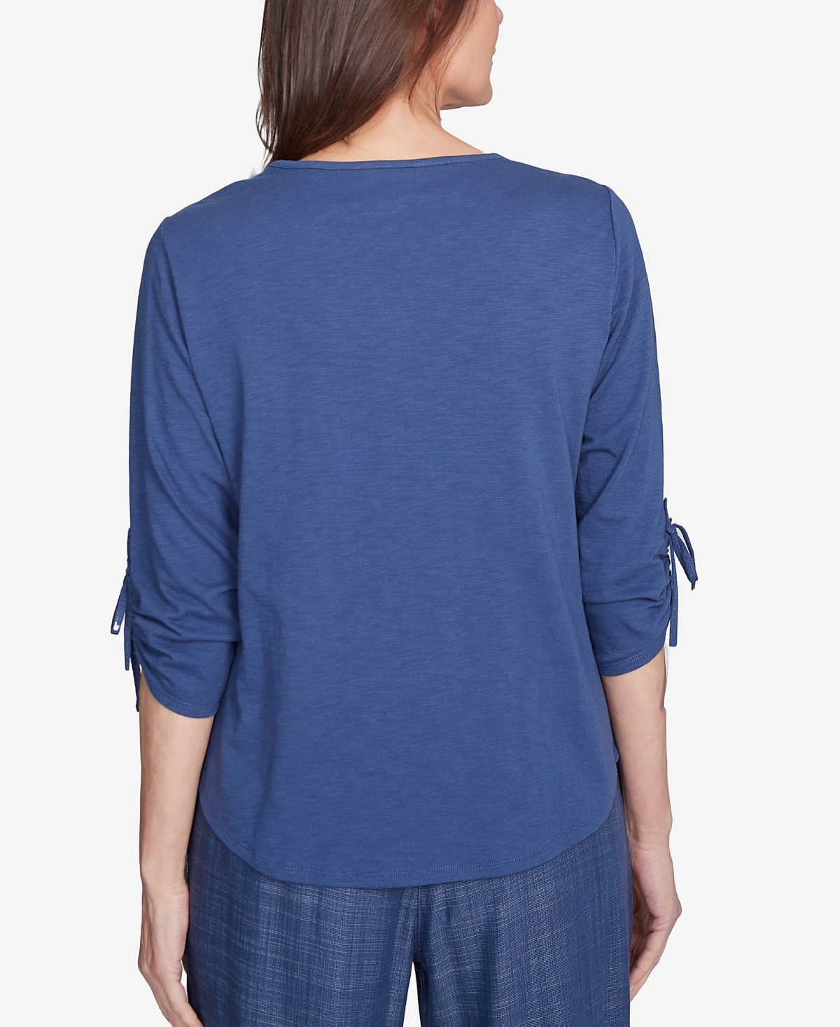 Alfred Dunner Plus Size Summer Solstice Embroidery Centered Tie Sleeve Top In Blueberry