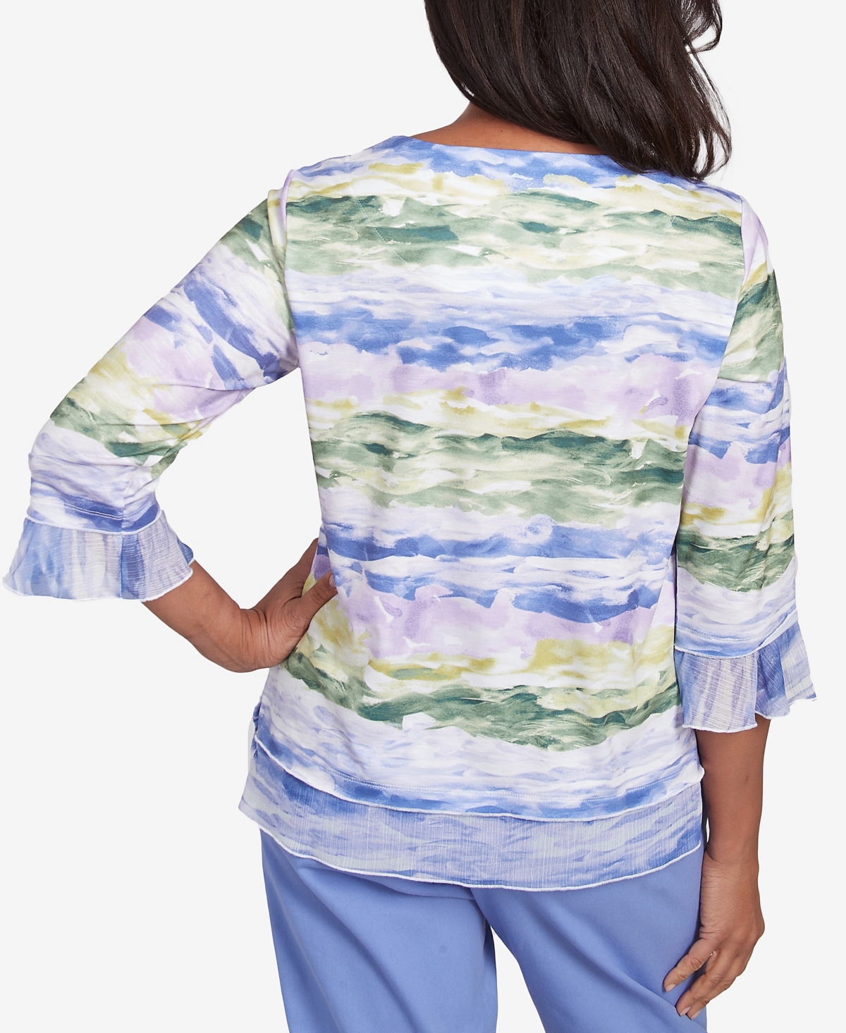 Alfred Dunner Plus Size Santa Fe Watercolor Biadere Striped Crew Neck Top In Iris Multi