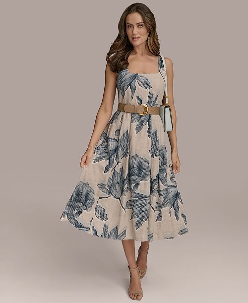 alfani Donna Karan New York Women's Sleeveless Linen-Blend Belted Dress Women's Fashion Shoes & Accessories