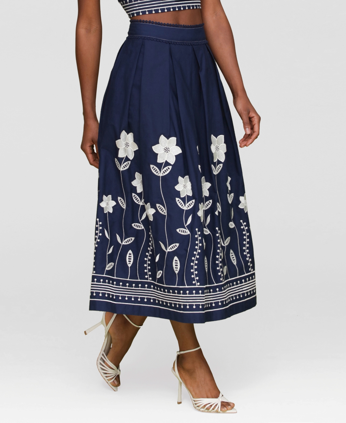 Shop Avec Les Filles Women's Cotton Embroidered Midi Skirt