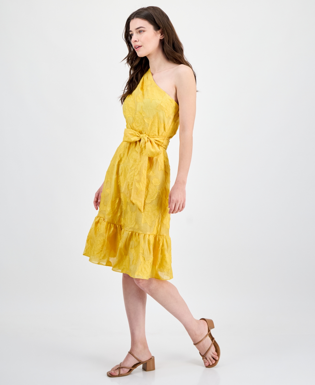 Anne Klein Floral Embroidered One-shoulder Midi Dress In Yellow