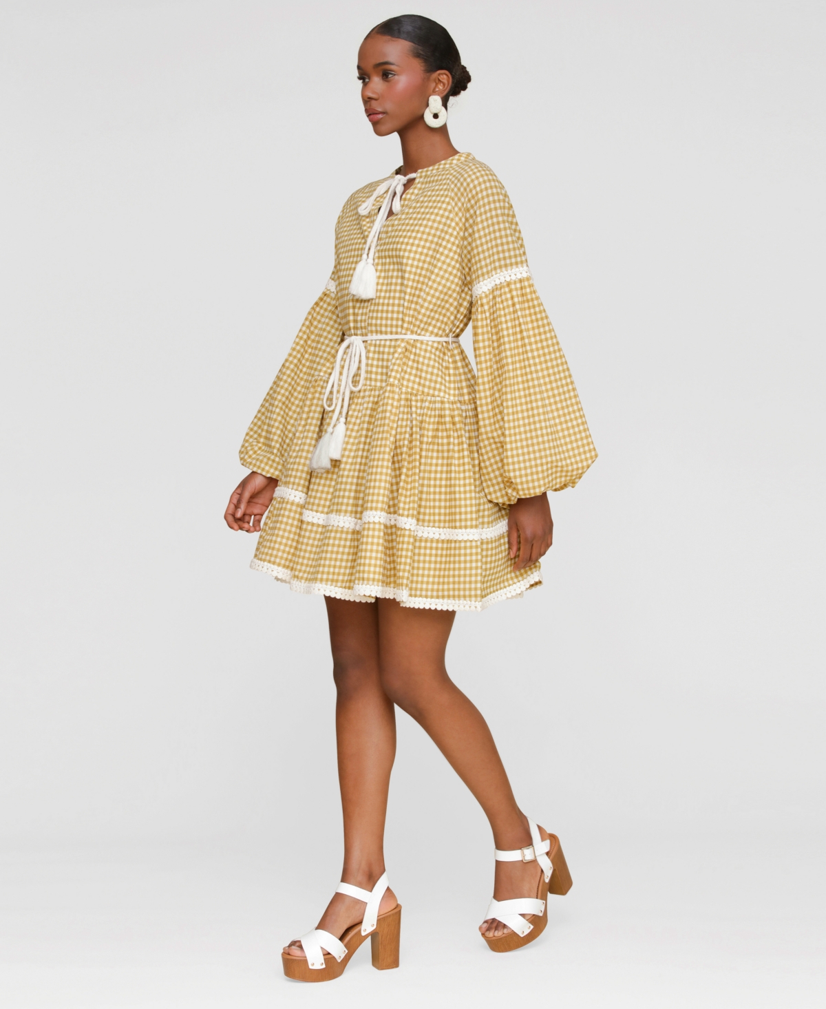 Avec Les Filles Gingham Print Long Sleeve Minidress In Brown