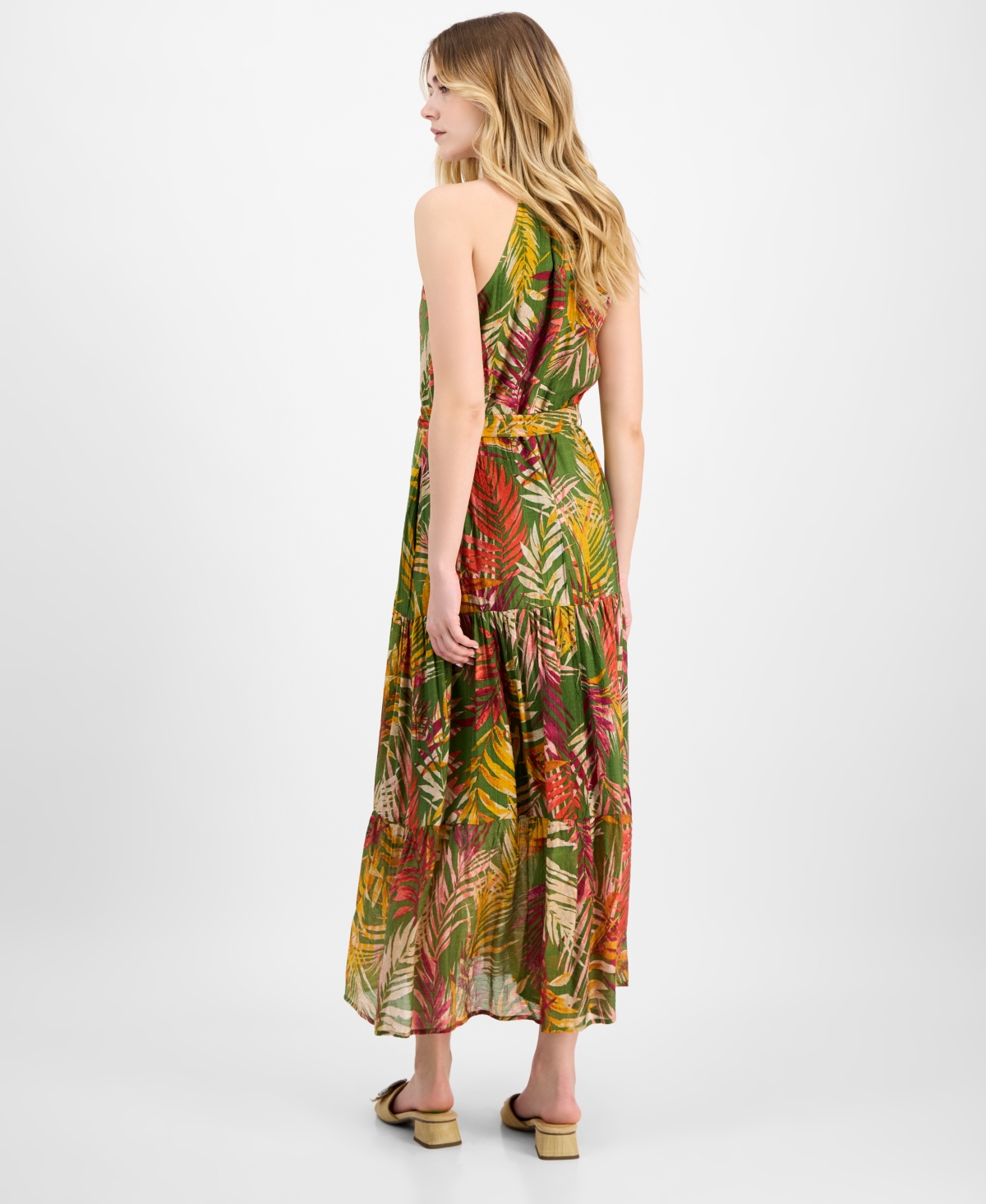 Anne Klein Patio Leaf Print Halter Neck Tiered Midi Dress