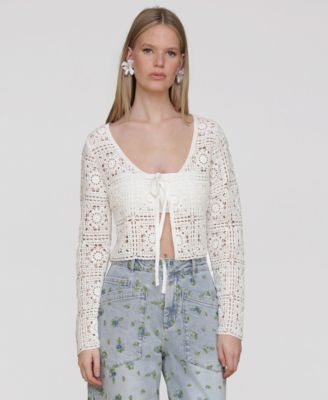 Avec Les Filles - Women's Cotton Crochet Tie-Front Cardigan