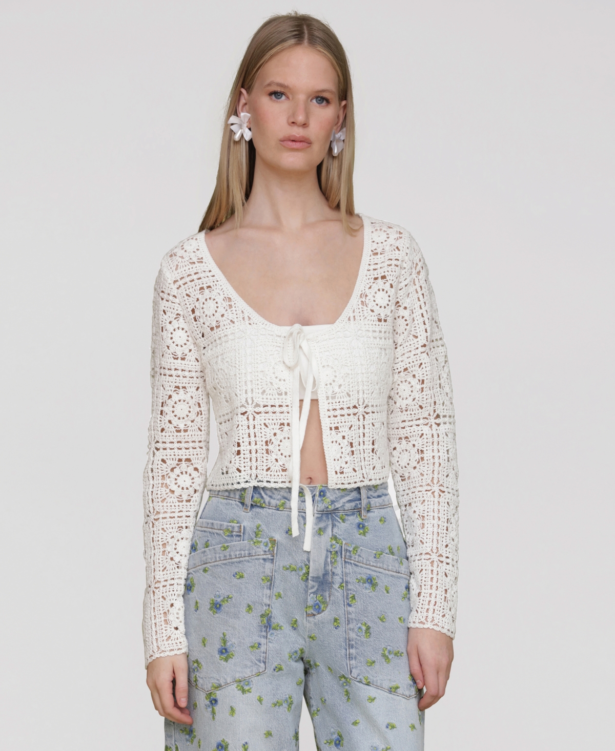 Avec Les Filles Women's Cotton Crochet Tie-front Cardigan