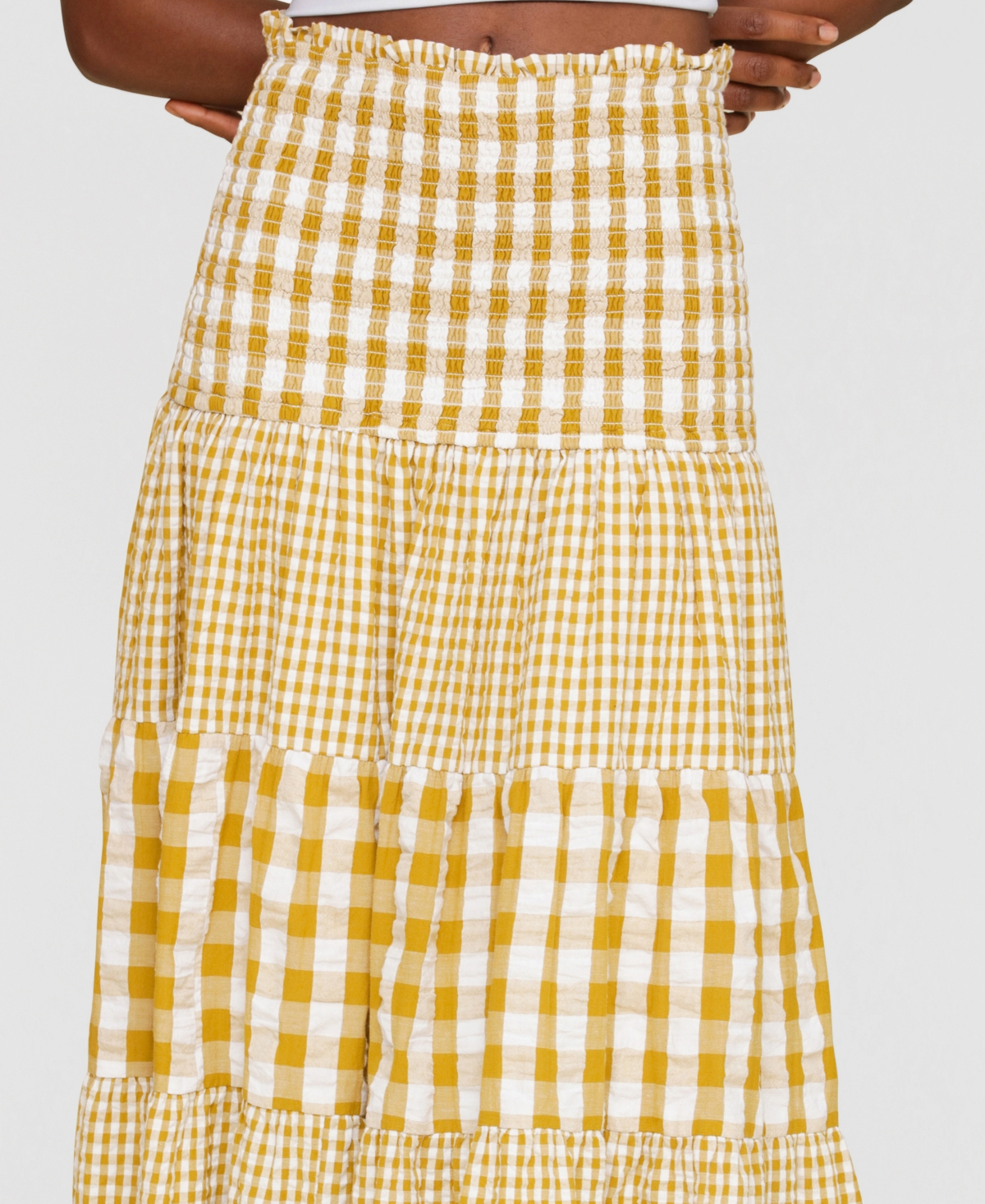 Avec Les Filles Mixed Print Tiered Cotton Gingham Maxi Skirt