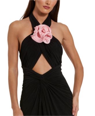 Women's Jersey Crossover Halter Neck Gown With 3D Flower