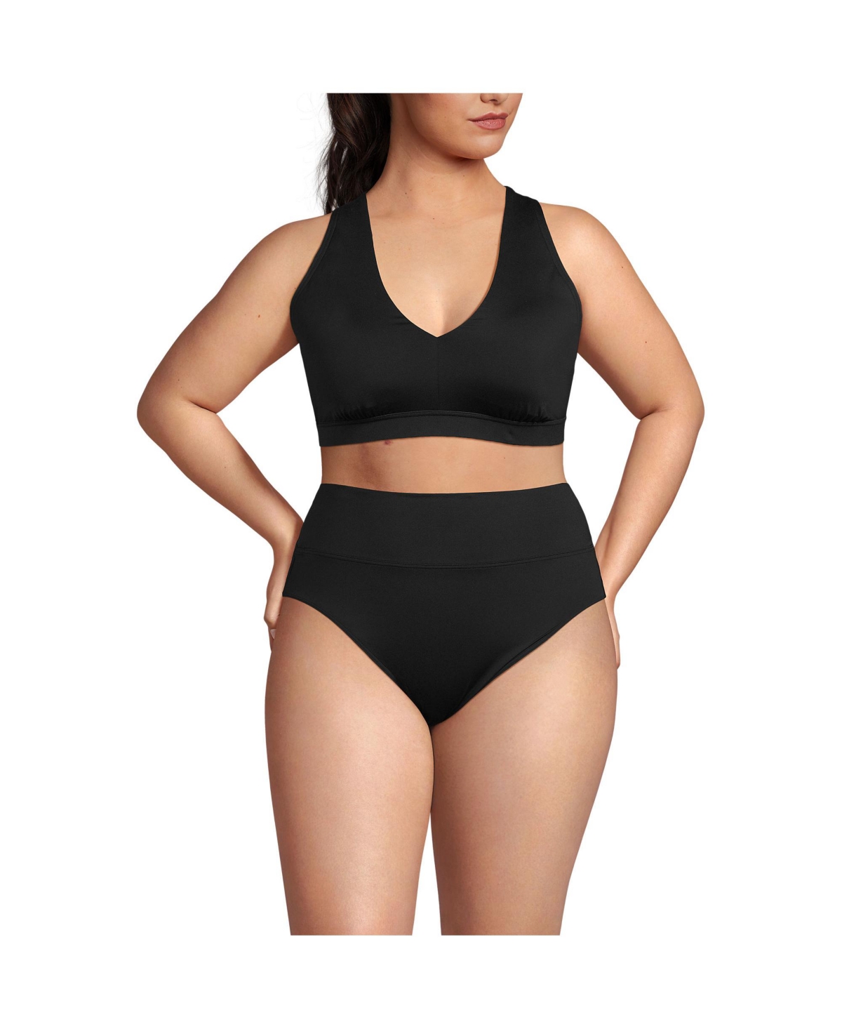 Plus Size V-Neck Bikini and High Waisted Bottom Swimsuit Set - Black
