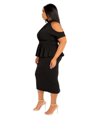 Plus Size Cut-out Shoulder Peplum Midi Dress