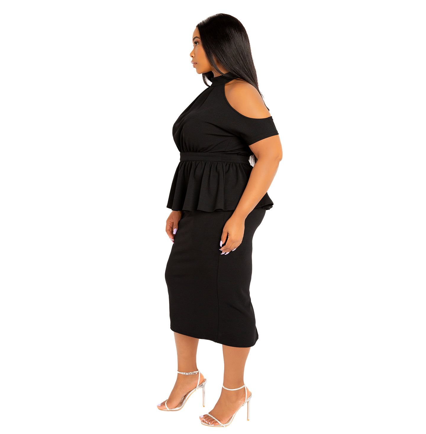 Женское платье Buxom Couture Plus Size Cut-out Shoulder Peplum Midi, цвет: Чёрный — фото 2