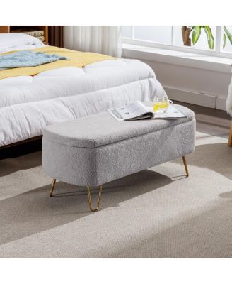 Modern Faux Fur Upholstered Storage Ottoman Bench with Metal Legs, Padded Seat for Entryway, Bedroom, or Hallway