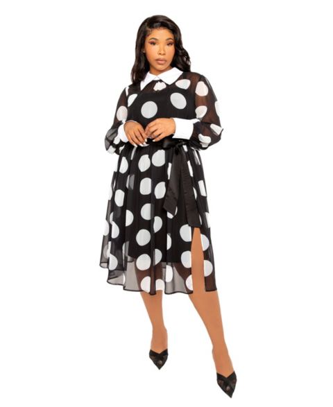 Женское платье Buxom Couture Plus Size Contrast Collar Polka Dot Shirt Dress, цвет: Чёрный