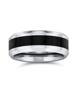 Simple Two Tone Black Center Couples Titanium Band Ring Silver Tone Beveled Edge 8MM