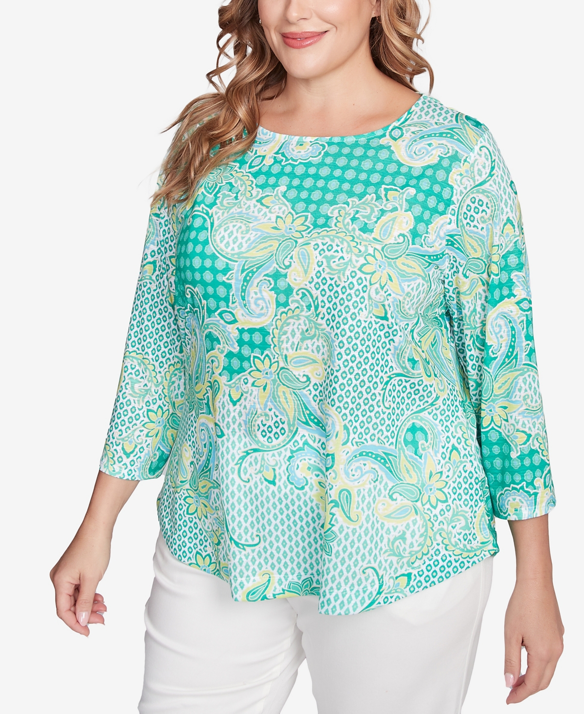 Ruby Rd. Plus Size Mixed Pattern Sublimation Knit Crew Neck Top In Parrot Multi
