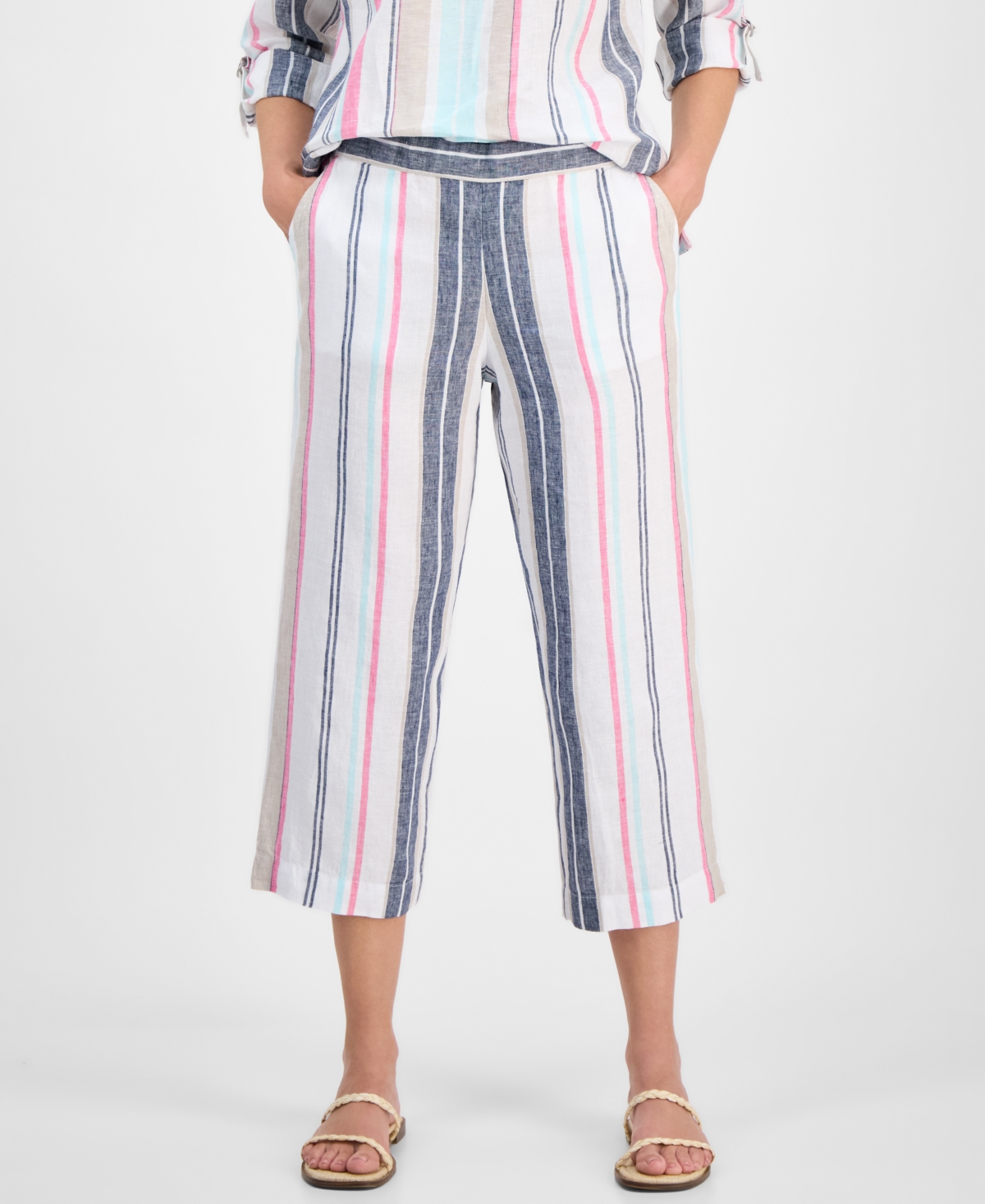 CHARTER CLUB WOMEN'S STRIPED 100% LINEN CROPPED PANTS, EXCLUSIVELY AT MACY'S 