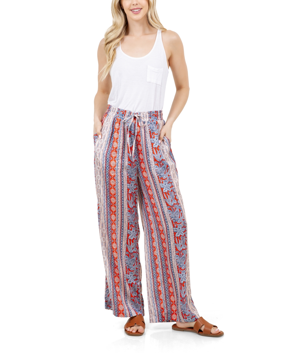 Fever Elastic Waist Drawstring Full Length Pant In Multi