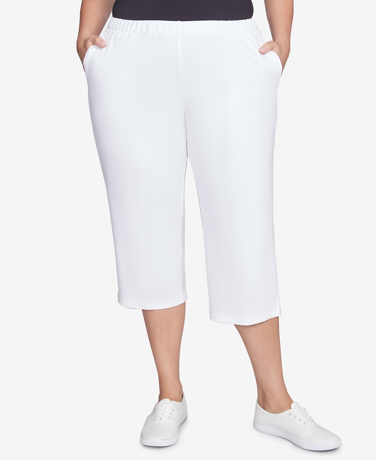 Plus Size Elastic Waist Pull-On French Terry Capri Pants - White