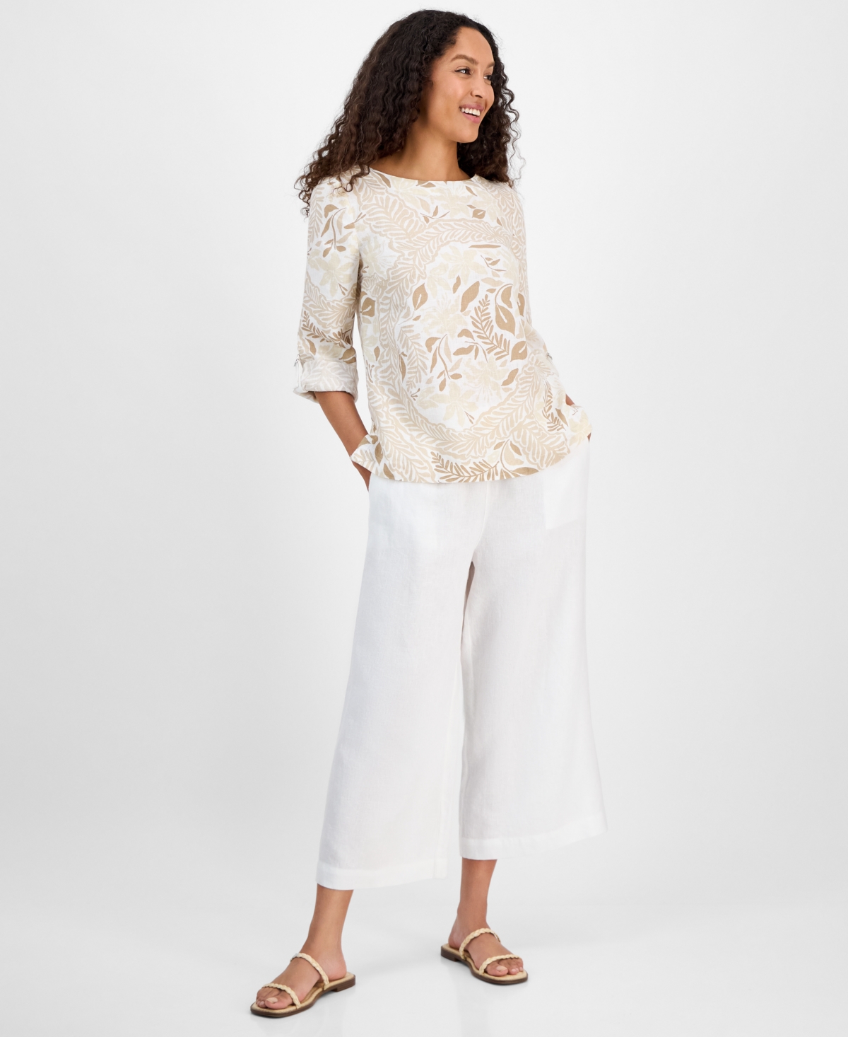 CHARTER CLUB WOMEN'S PRINTED 100% LINEN TOP, EXCLUSIVELY AT MACY'S 