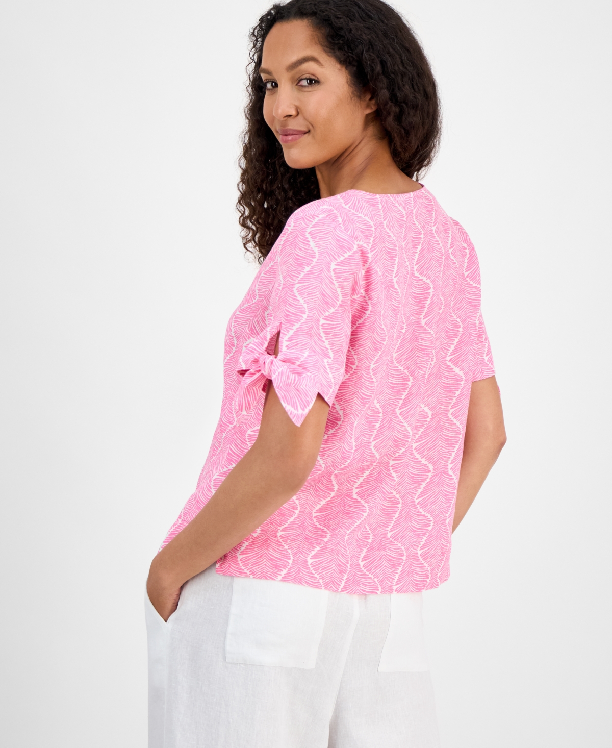 CHARTER CLUB WOMEN'S LINEN PRINTED TIE-CUFF BLOUSE, EXCLUSIVELY AT MACY'S 
