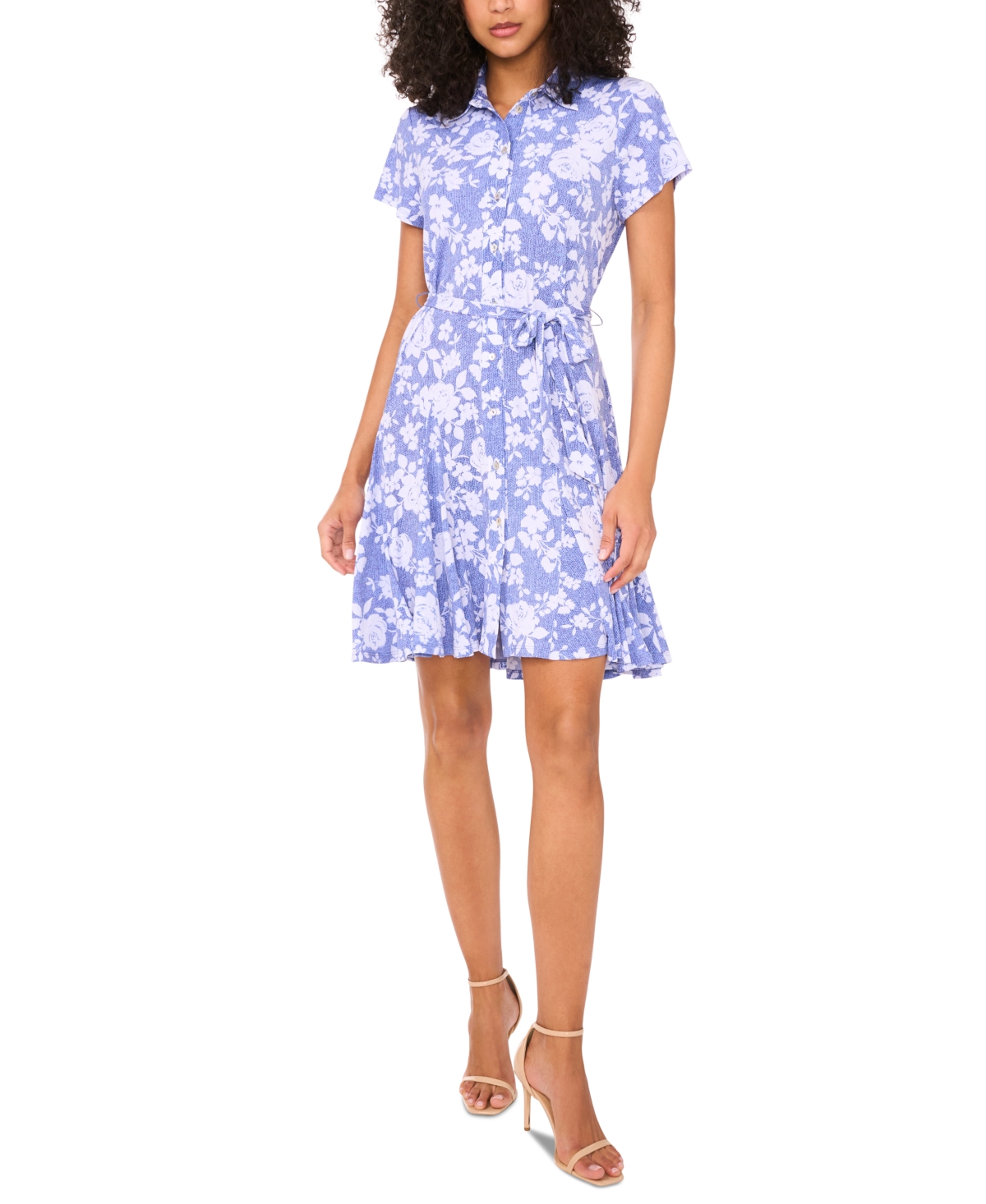 Women's Floral-Print Short-Sleeve Belted Shirtdress - Denim/white