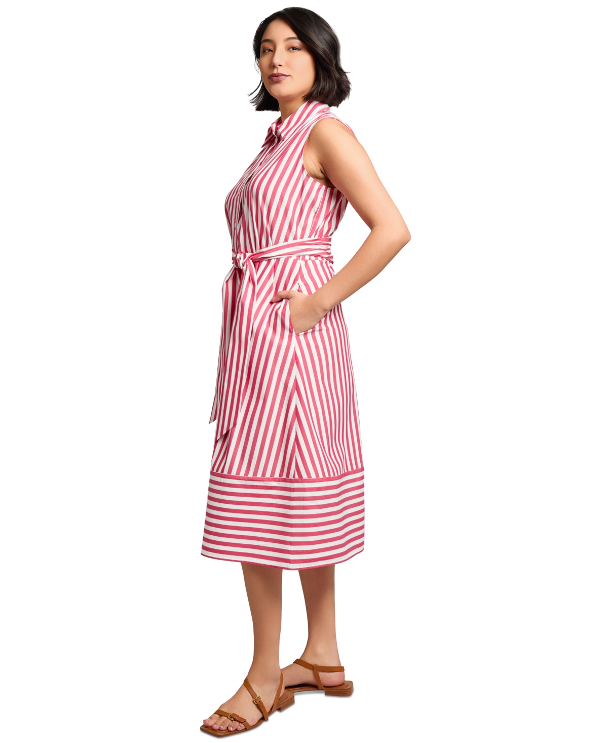 Jones New York Stripe Sleeveless Midi Shirtdress In Pink