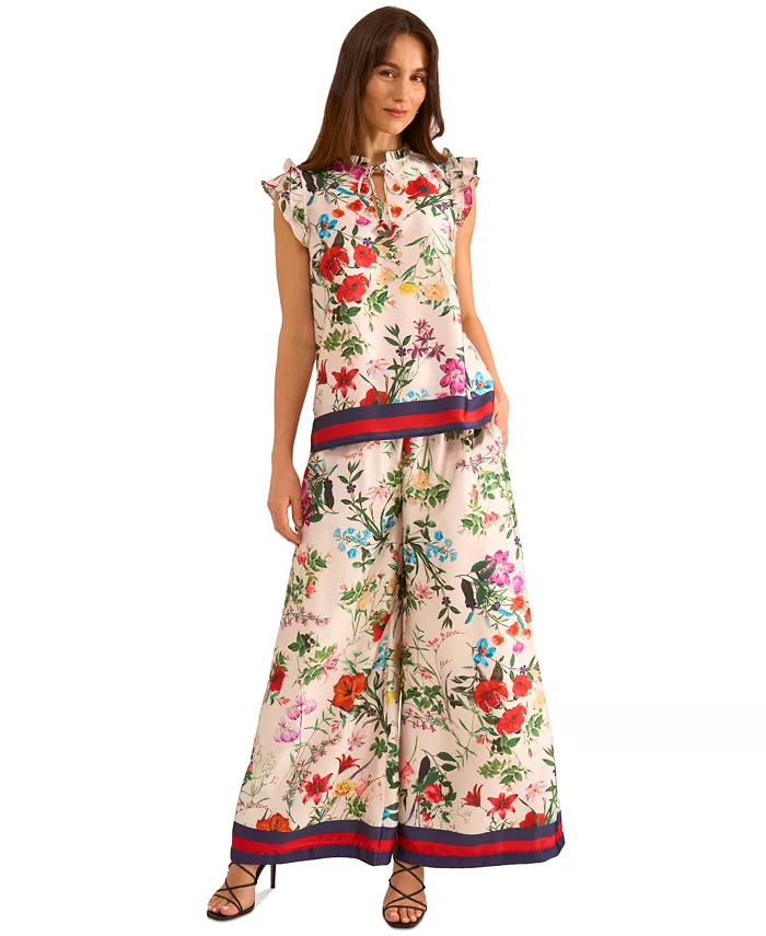 Women's Satin Floral-Print Ruffled Sleeve Top