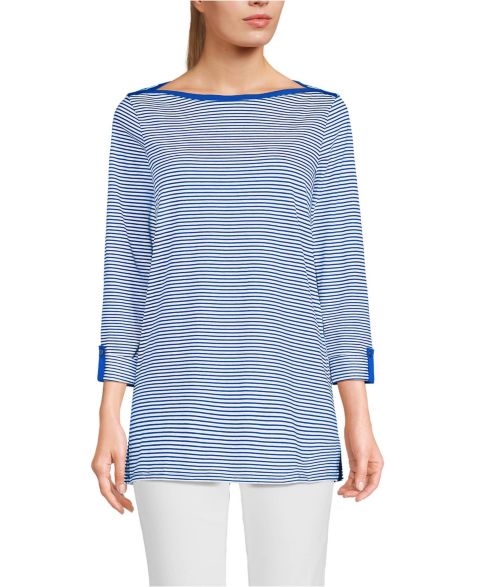Женский топ Lands' End Supima Cotton Adjustable 3/4 Sleeve Boatneck Tunic, цвет: Кобальтовый / Слоновая кость полосатый