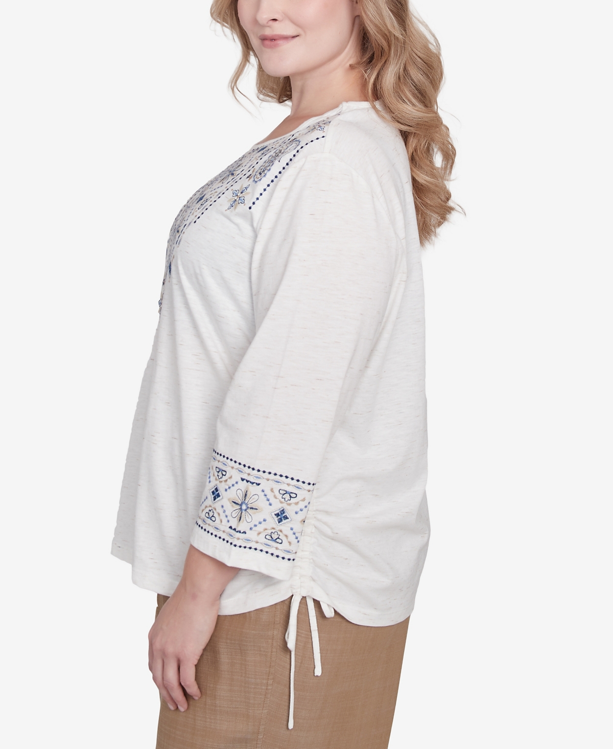 Alfred Dunner Plus Size Summer Solstice Linear Embroidered Tie Sleeve Top In Linen