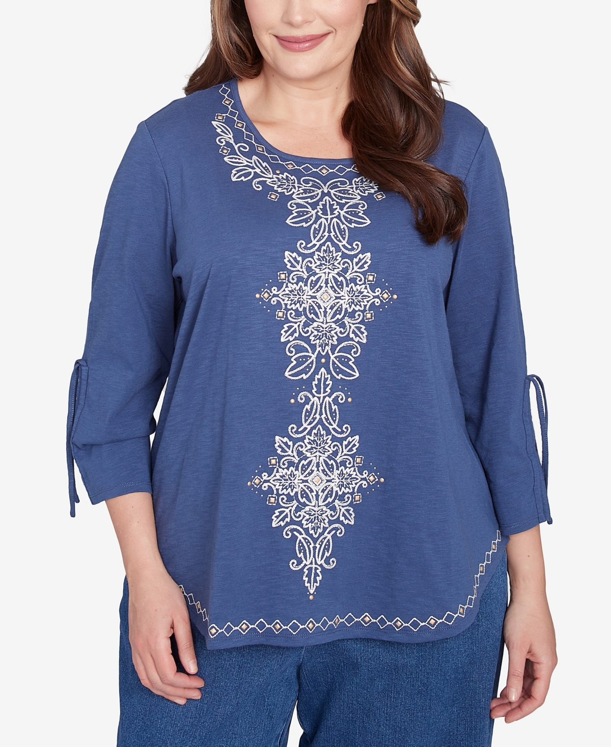 Alfred Dunner Plus Size Summer Solstice Embroidery Centered Tie Sleeve Top In Blueberry