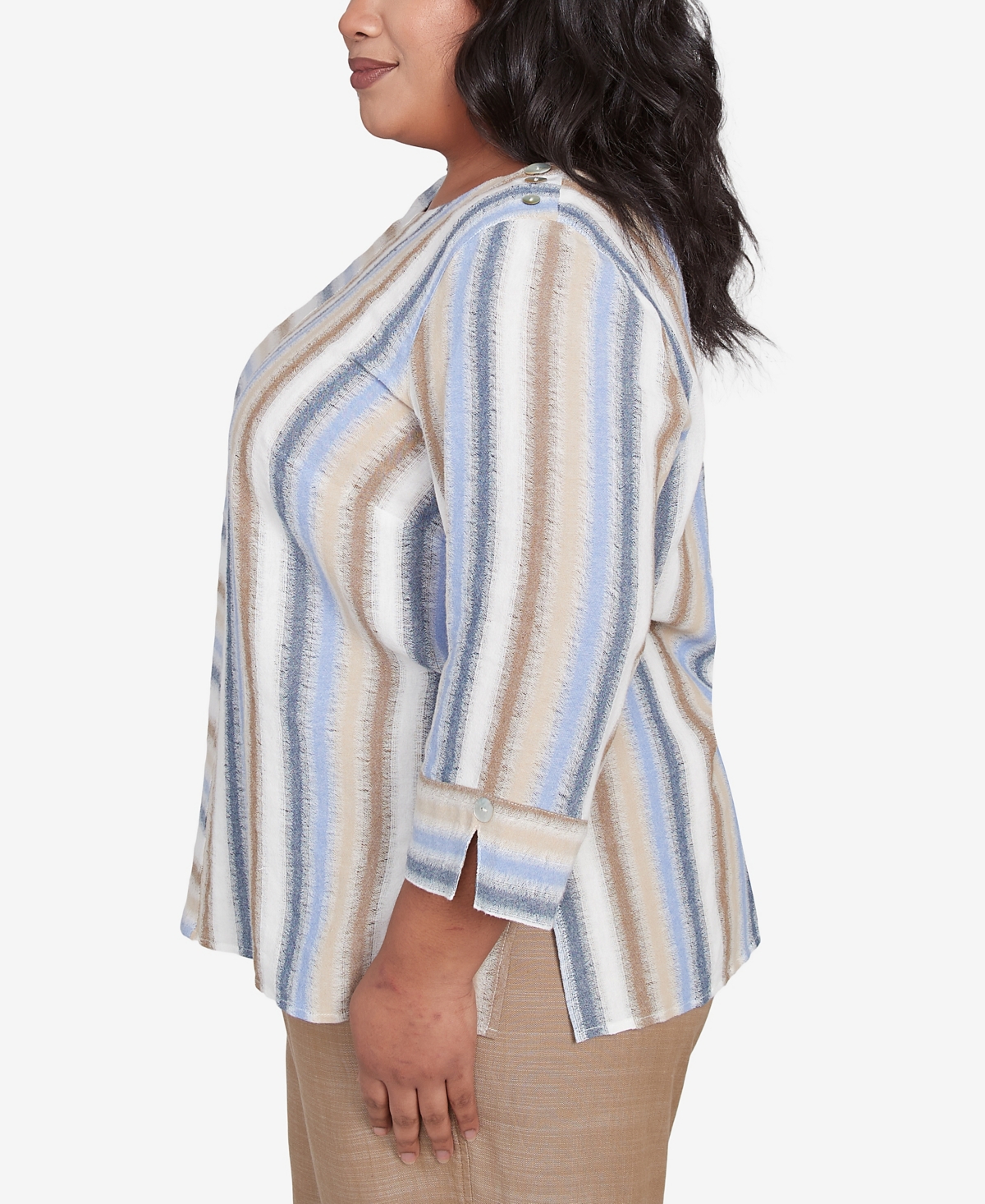 Alfred Dunner Plus Size Summer Solstice Spliced Stripe Button Shoulder Crew Neck Top In Neutral Multi