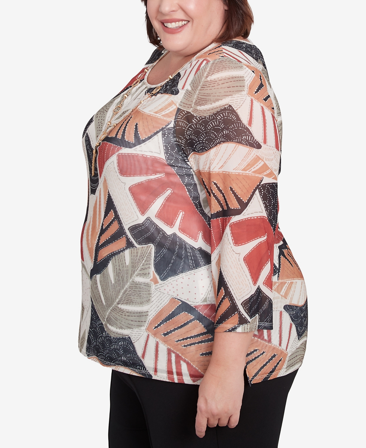 Alfred Dunner Plus Size Natural Instinct Tropical Mesh Top With Necklace In Neutral Multi
