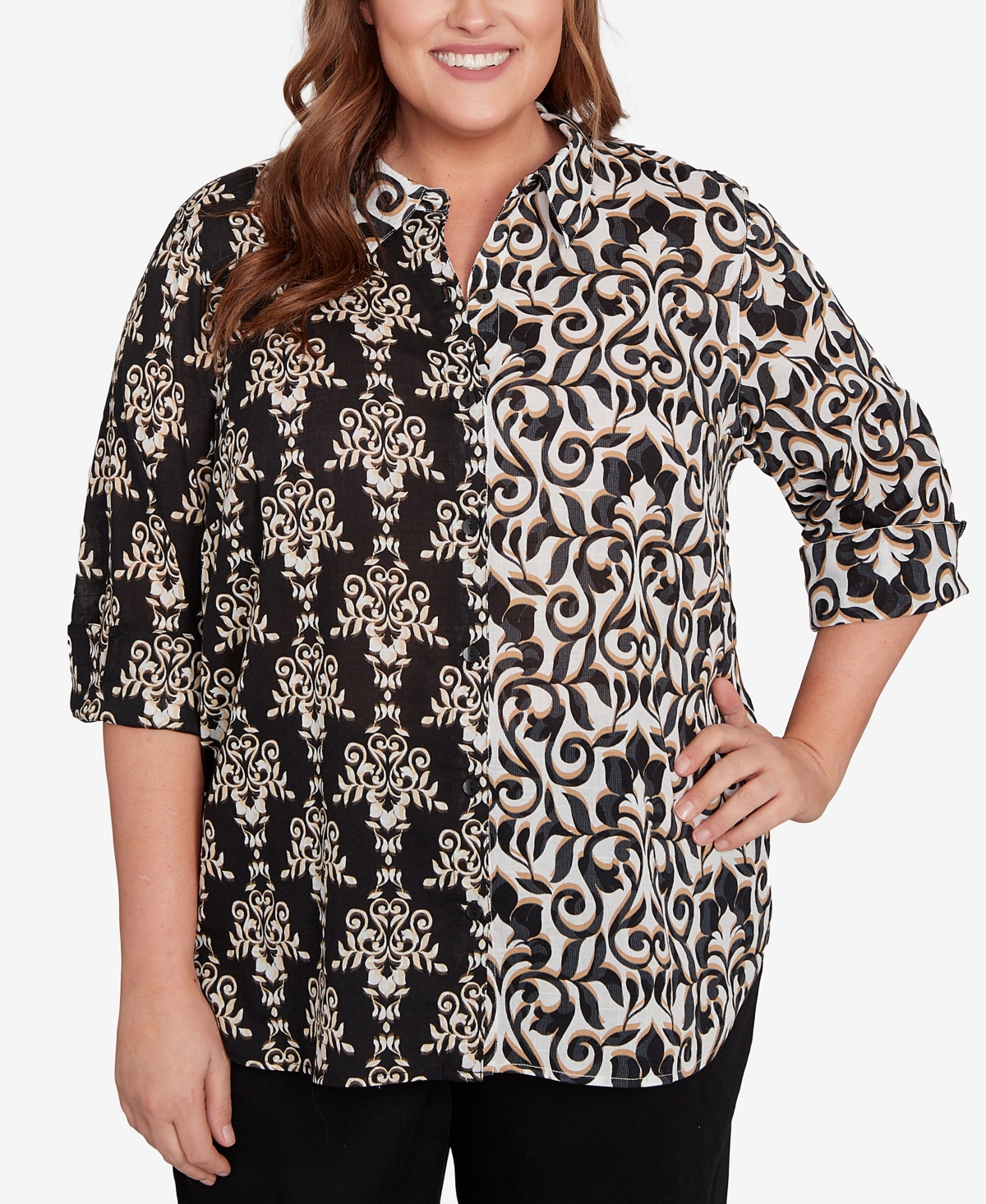 Alfred Dunner Plus Size Natural Instinct Medallion Twin Print Button Front Top In Black