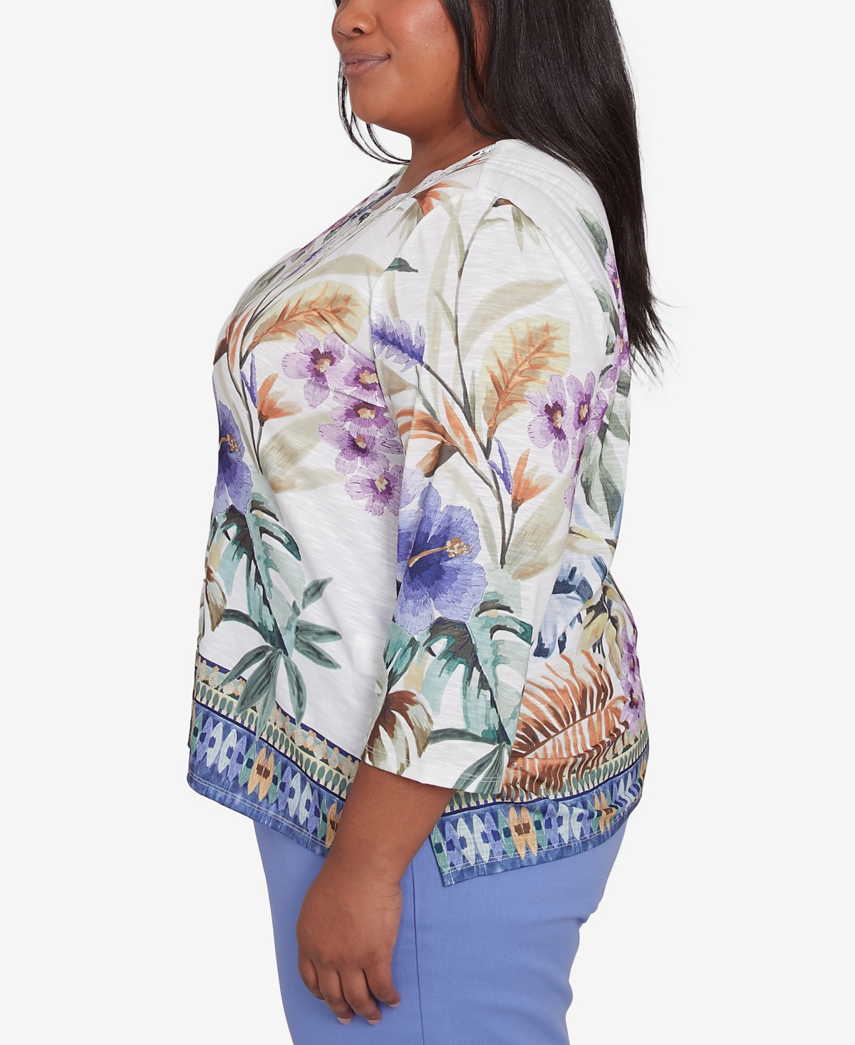 Alfred Dunner Plus Size Santa Fe Tropical Floral Border Top In Aloe Multi