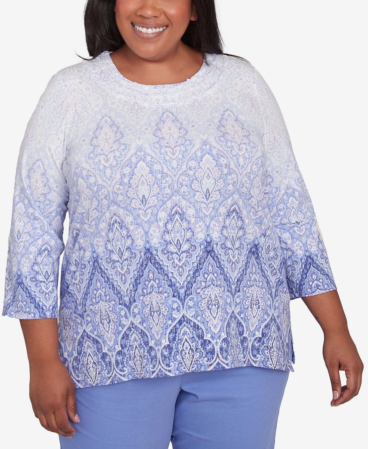 Alfred Dunner Plus Size Santa Fe Ombre Medallion Crew Neck Printed Top In Iris