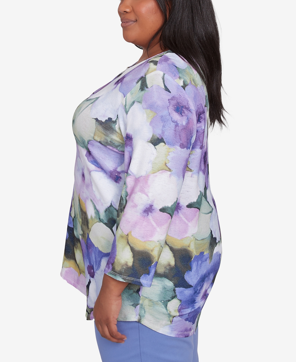 Alfred Dunner Plus Size Santa Fe Dramatic Pansies Floral Print Top In Iris Multi