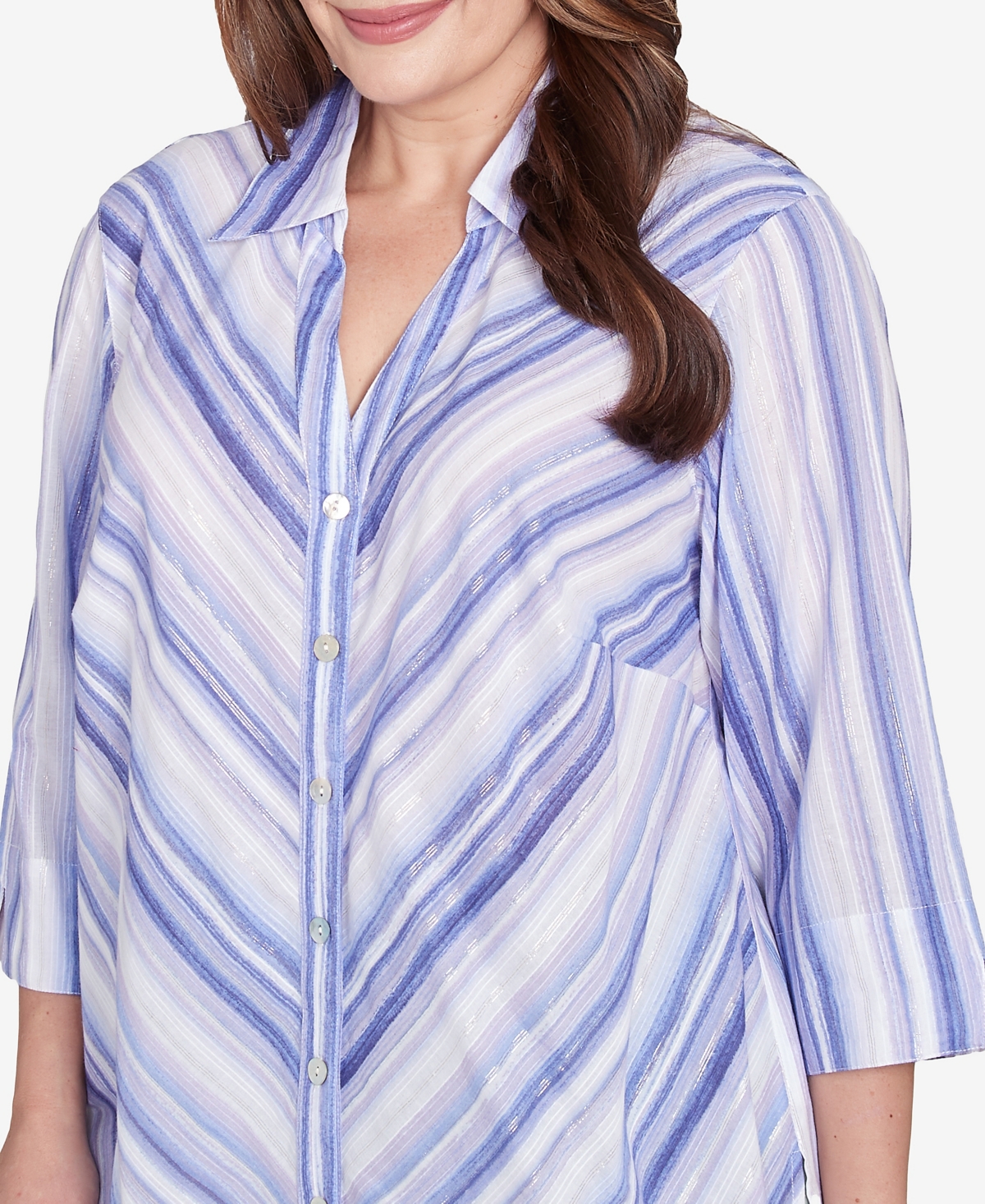 Alfred Dunner Plus Size Santa Fe Mitered Iris Stripe Collared Button Down Top In Iris